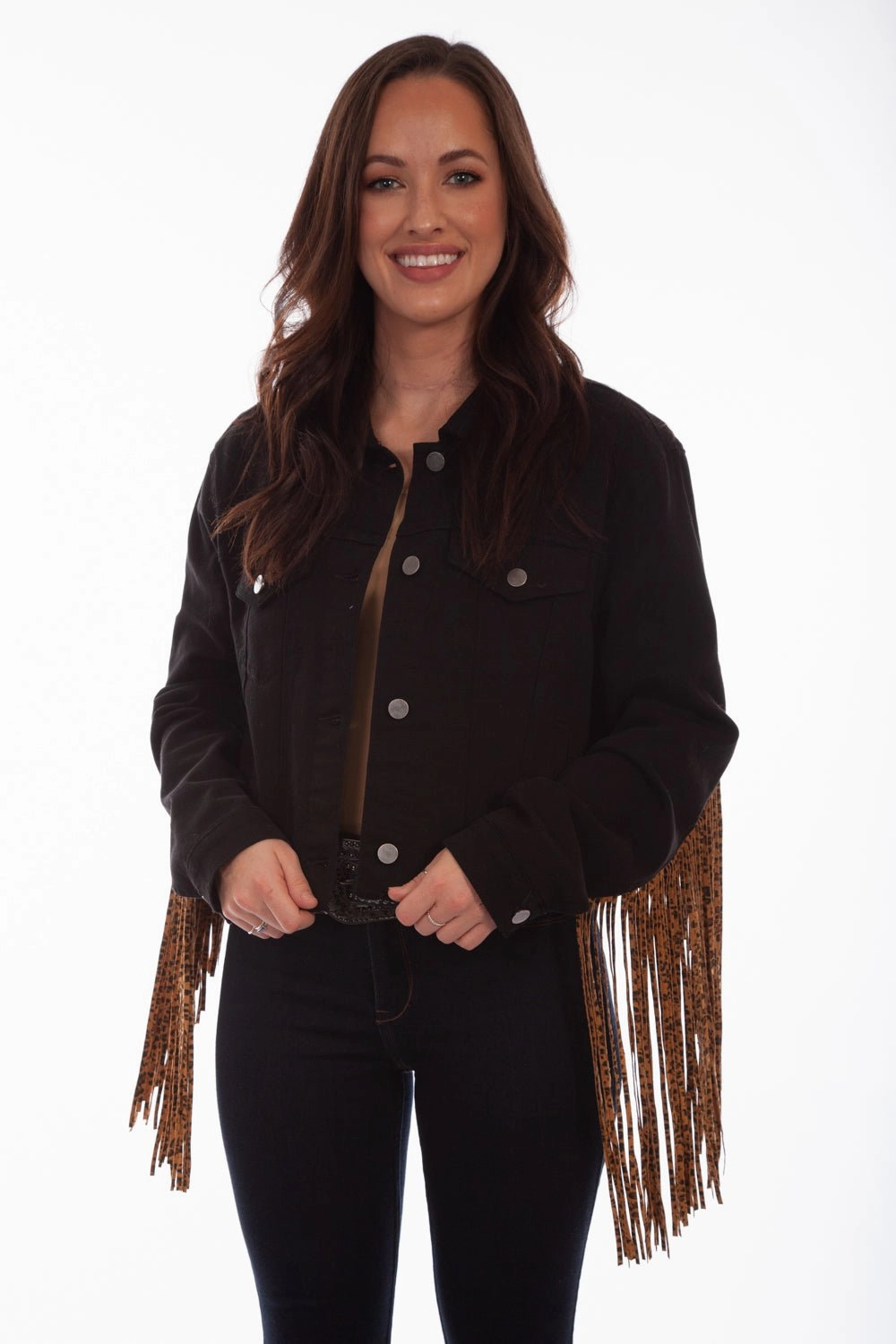 Reinforced Elbow Panels Non Restrictive Movement Cut Scully Womens Black/Leopard Cotton Blend Fringe Denim Jacket