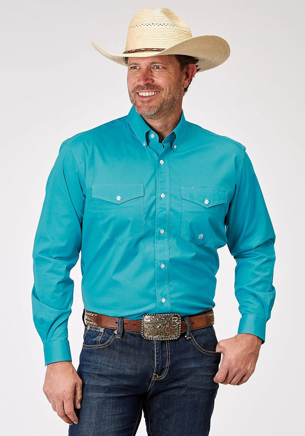 Durable Thread Construction Roper Mens 1943 Solid Poplin Turquoise Cotton Blend Btn L/S Shirt