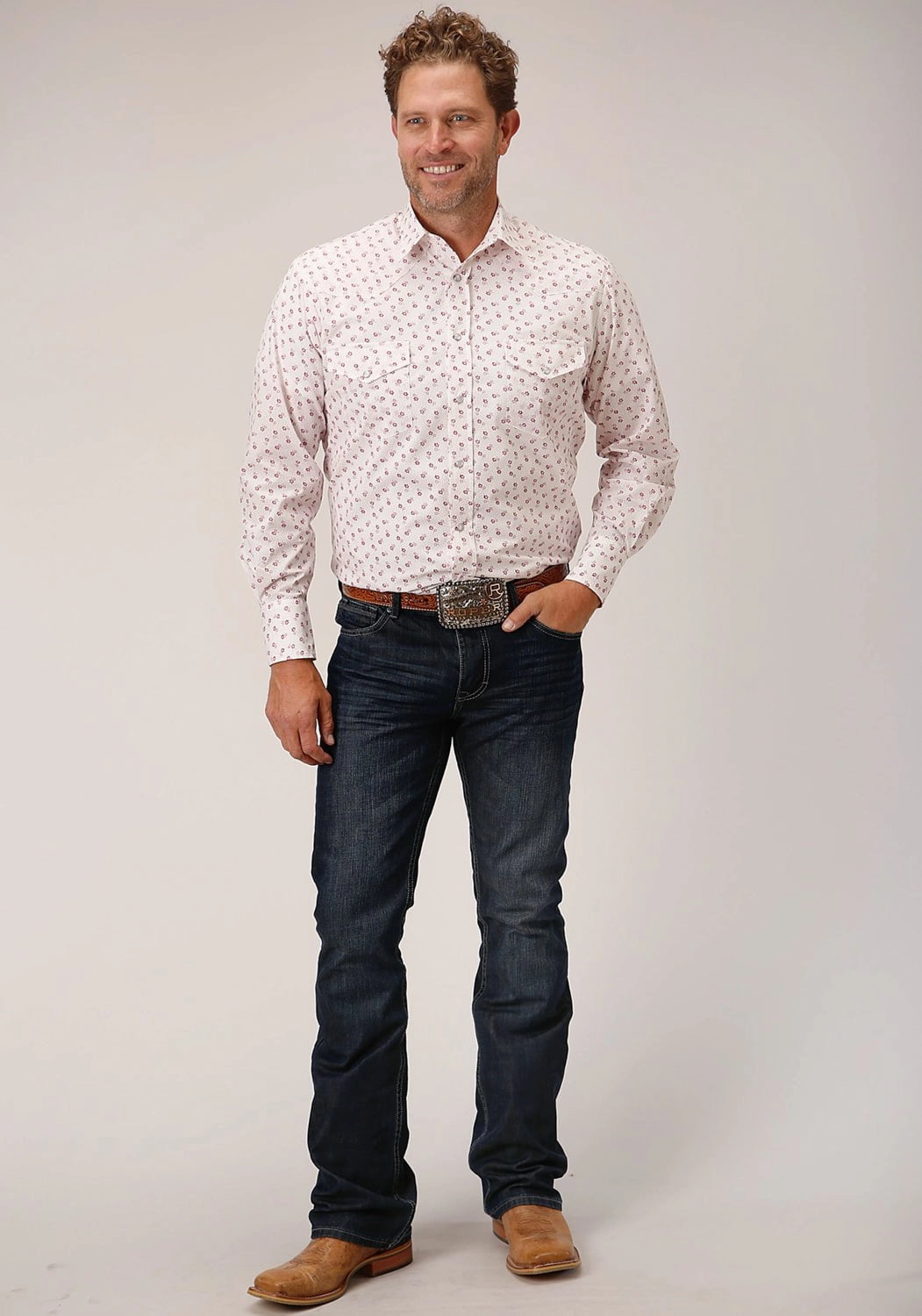 Roper Mens 55/45 Floral Red/White Cotton Blend L/S Shirt Geometric Pattern