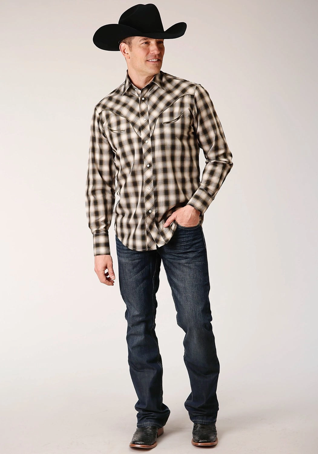 Roper Mens Black/Olive Cotton Blend Plaid L/S Shirt Functional Wear