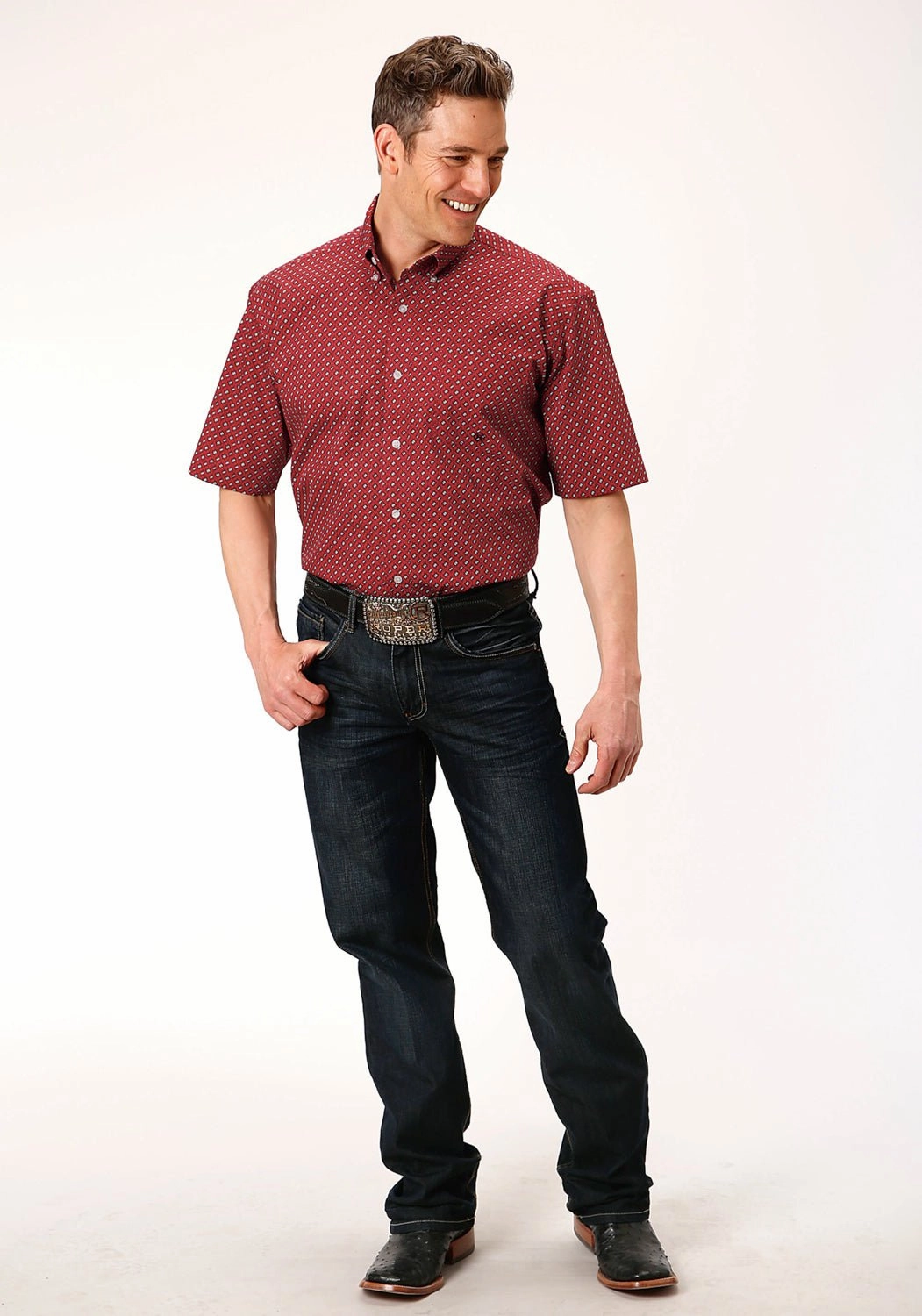 Athleisure Trend Stylish Appearance Roper Mens Red 100% Cotton Victorian Foulard BD S/S 1 Pocket Shirt