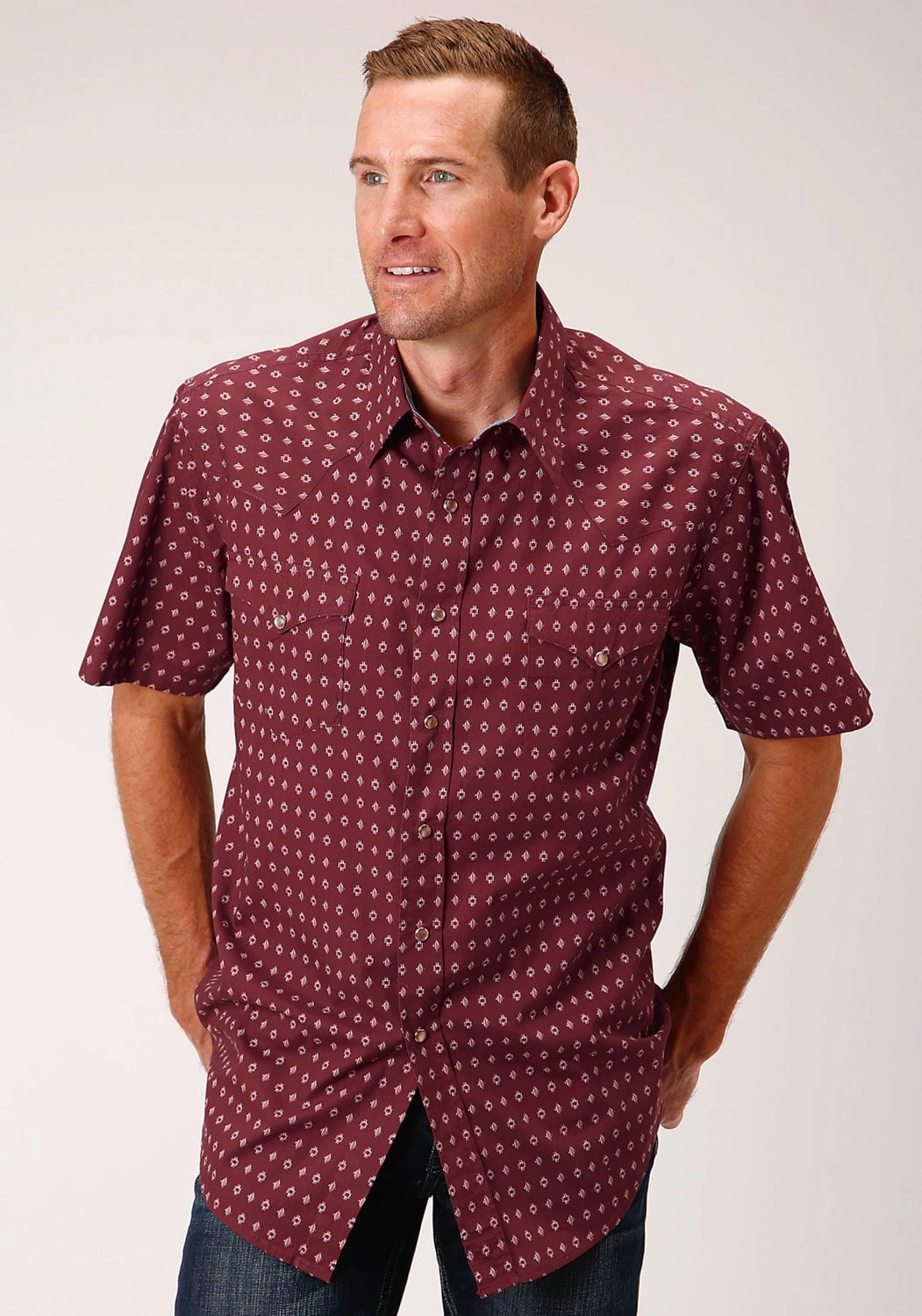 Non-Iron Tailored Cuffs Roper Mens Texture Diamond Red 100% Cotton S/S Shirt