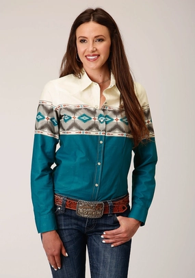 Patterned Design Roper Womens Sawtooth Border Blue 100% Cotton L/S Shirt
