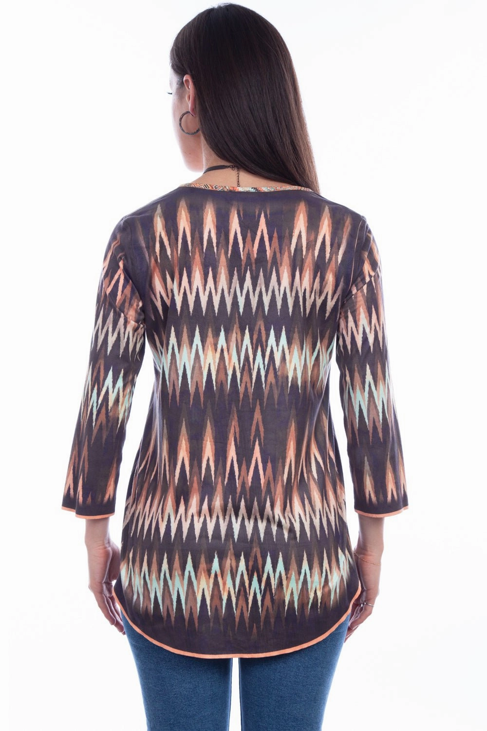 Raw edge Comfort Fit Scully Womens Multi-Color Polyester Reversible Ikat S/S Tunic