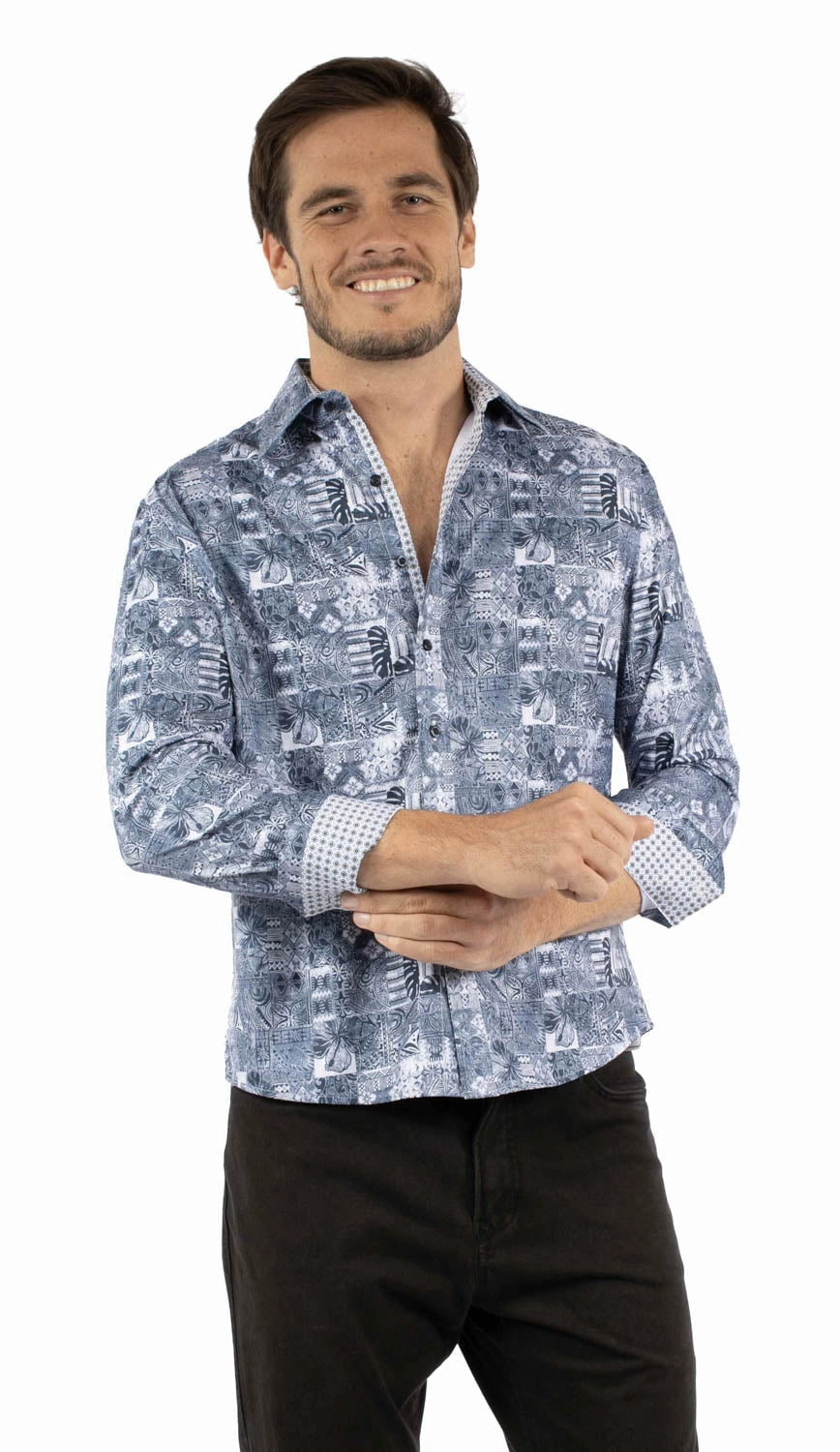 Scully Mens Polynesian Dress Blue Poly/Rayon L/S Shirt Double Stitched Seams Party Ready