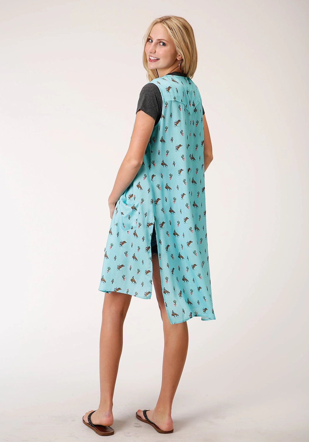 Roper Womens Blue Rayon/Nylon Cactus Cowboys S/L Cardigan Secure Closure Systems Elastic Binding