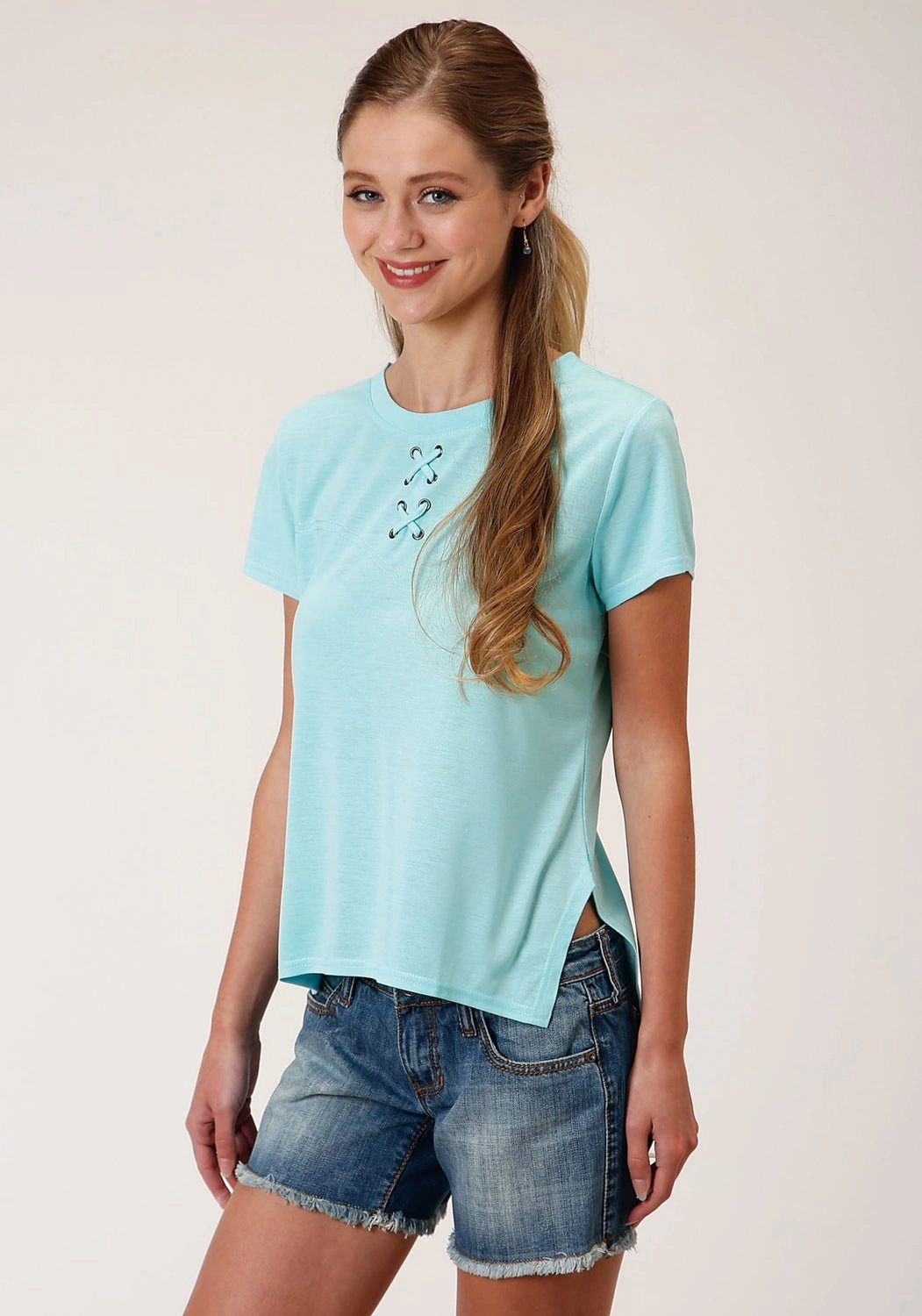 Festival Fashion Night Out Roper Womens Light Turquoise Poly/Rayon Grommets S/S T-Shirt