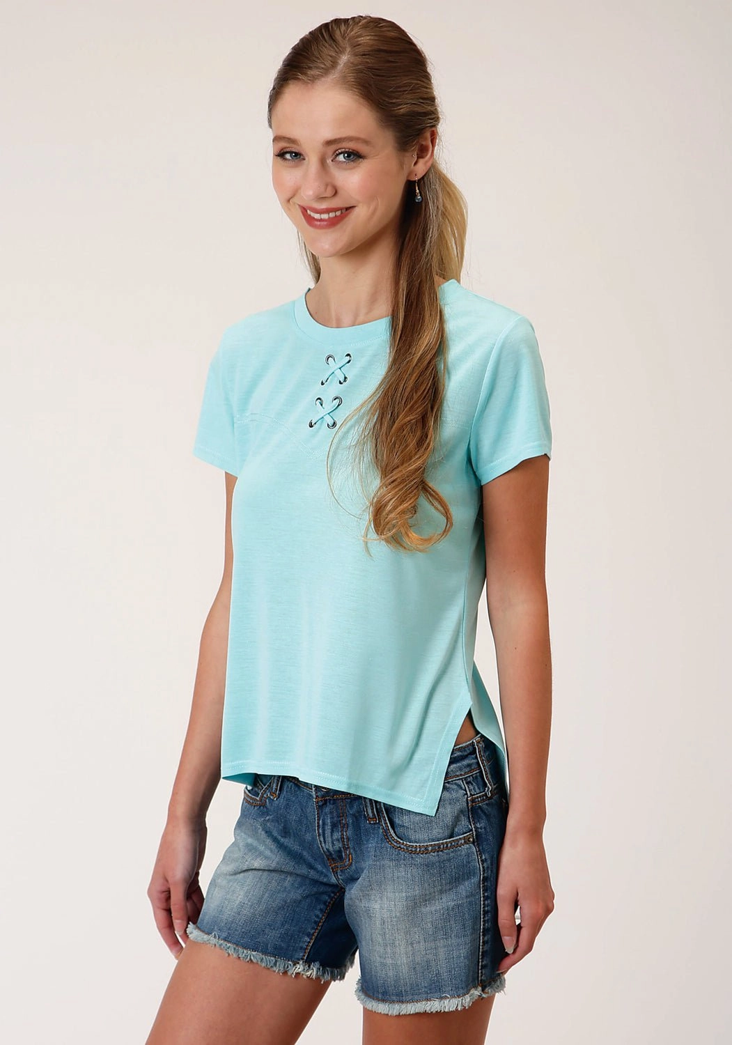 Roper Womens Light Turquoise Poly/Rayon Grommets S/S T-Shirt Everyday Wear Timeless elegance