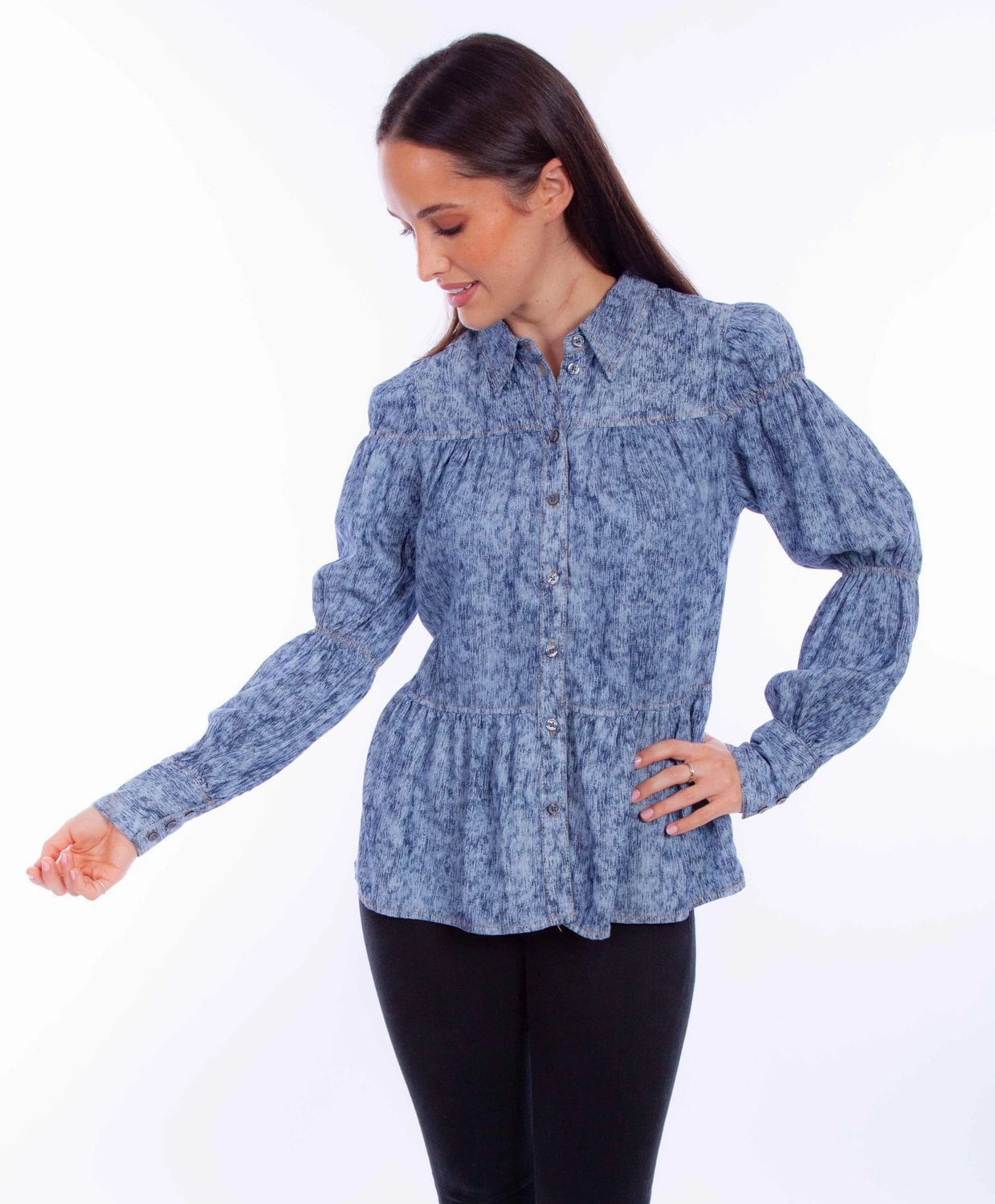 Scully Womens Button Peasant Blue Lyocell L/S Blouse Must-Have Item
