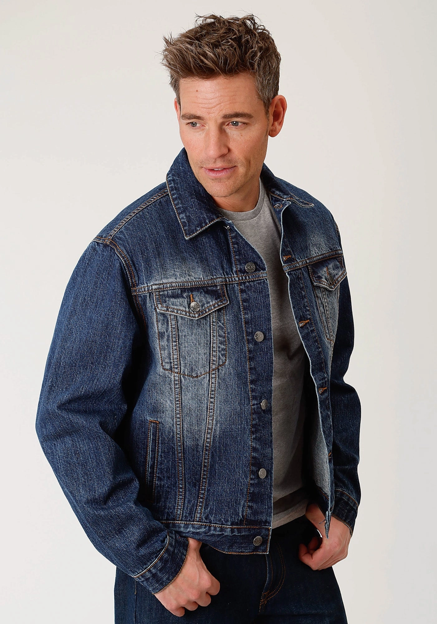 Roper Mens Blue 100% Cotton Denim Button Jacket Noise Reduction Design