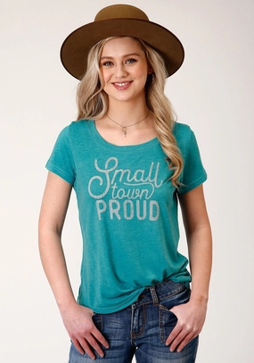 Roper Womens Turquoise Poly/Rayon Small Town Proud S/S T-Shirt Sporty Look