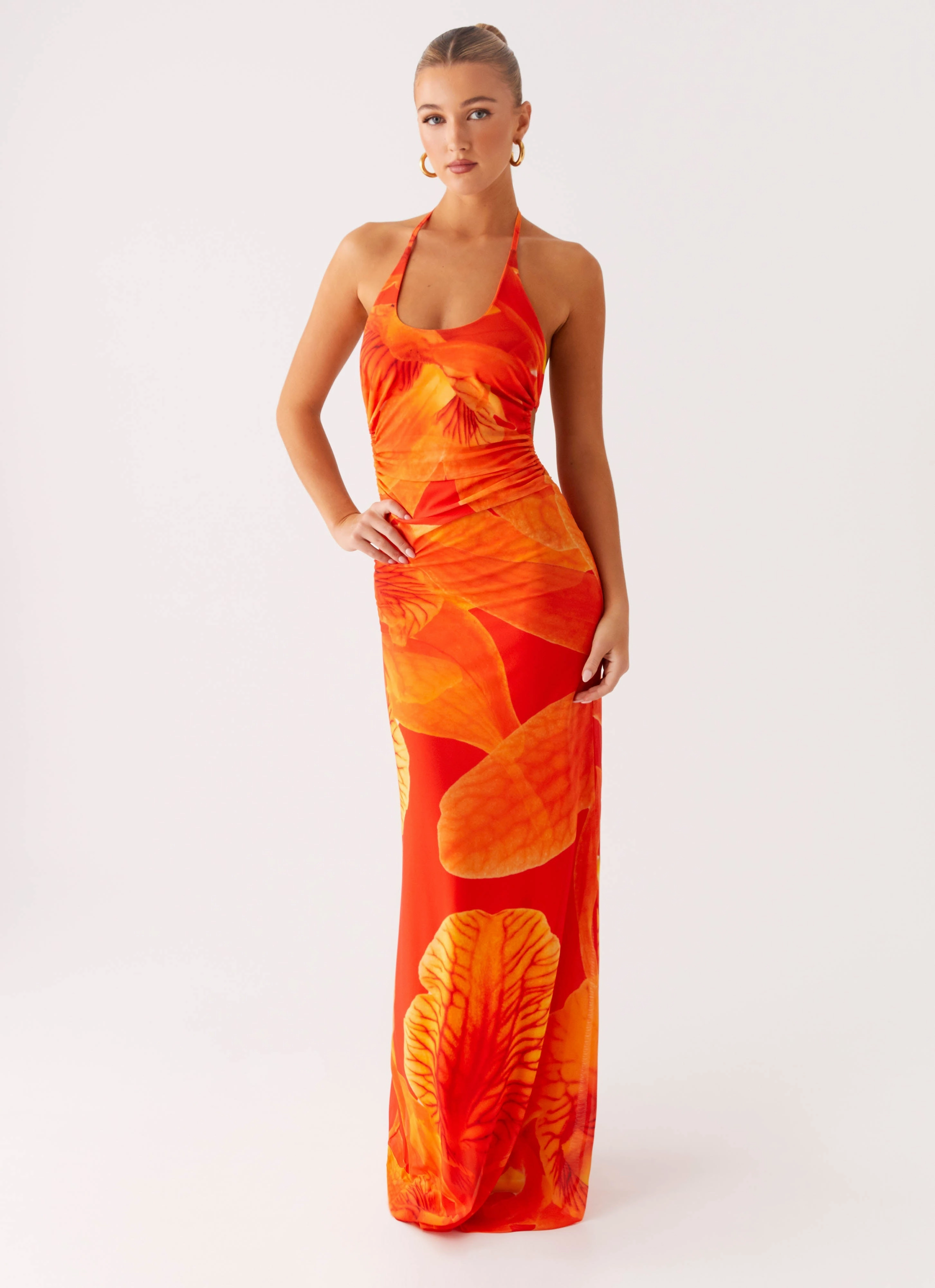 sporty wear Puffer Design Palawan Mesh Maxi Dress - Orange Floral