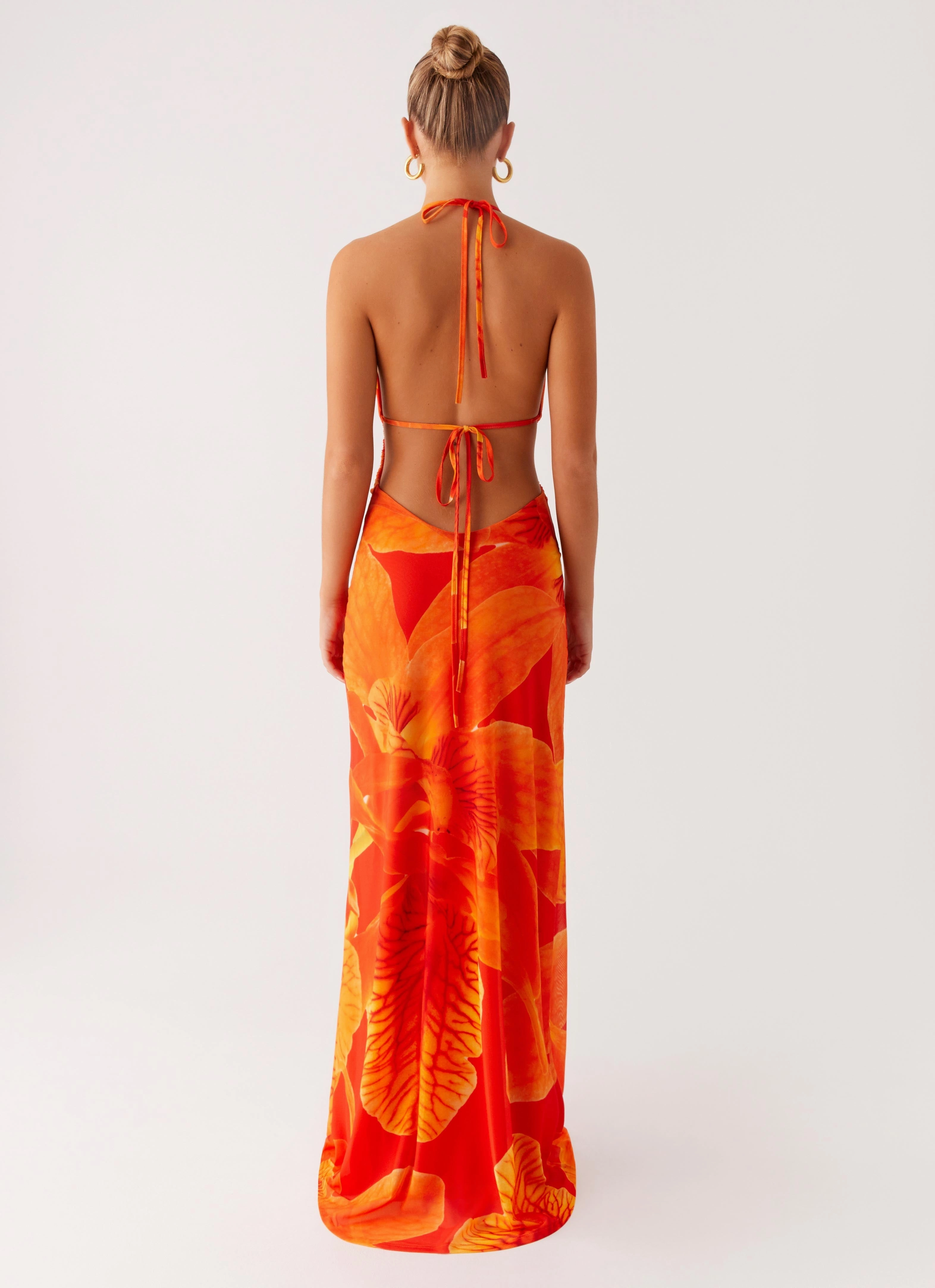 Fuzzy Jacket Street Ready Palawan Mesh Maxi Dress - Orange Floral