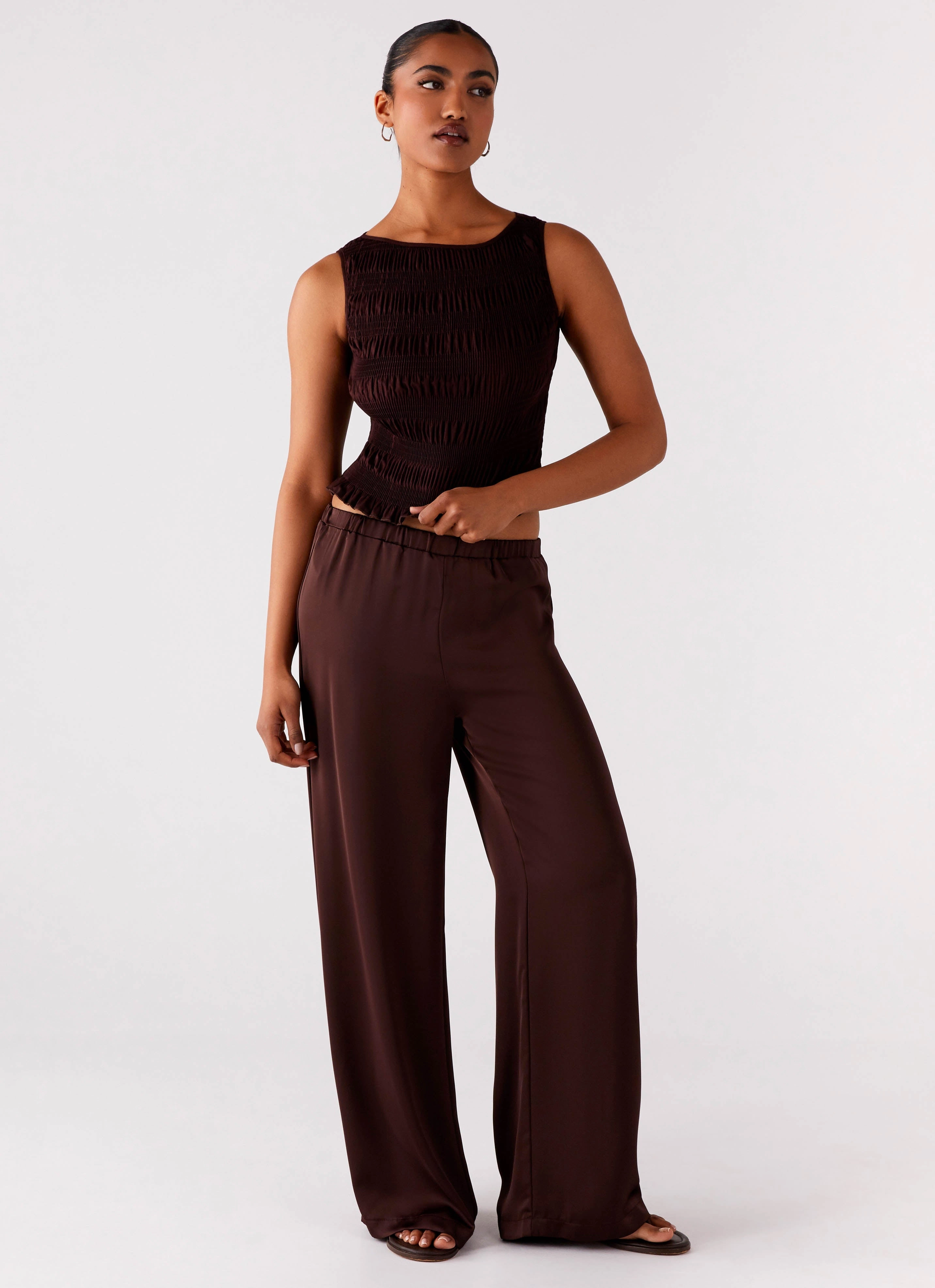 Palm Cove Satin Pants - Chocolate Secure Closure Mini length