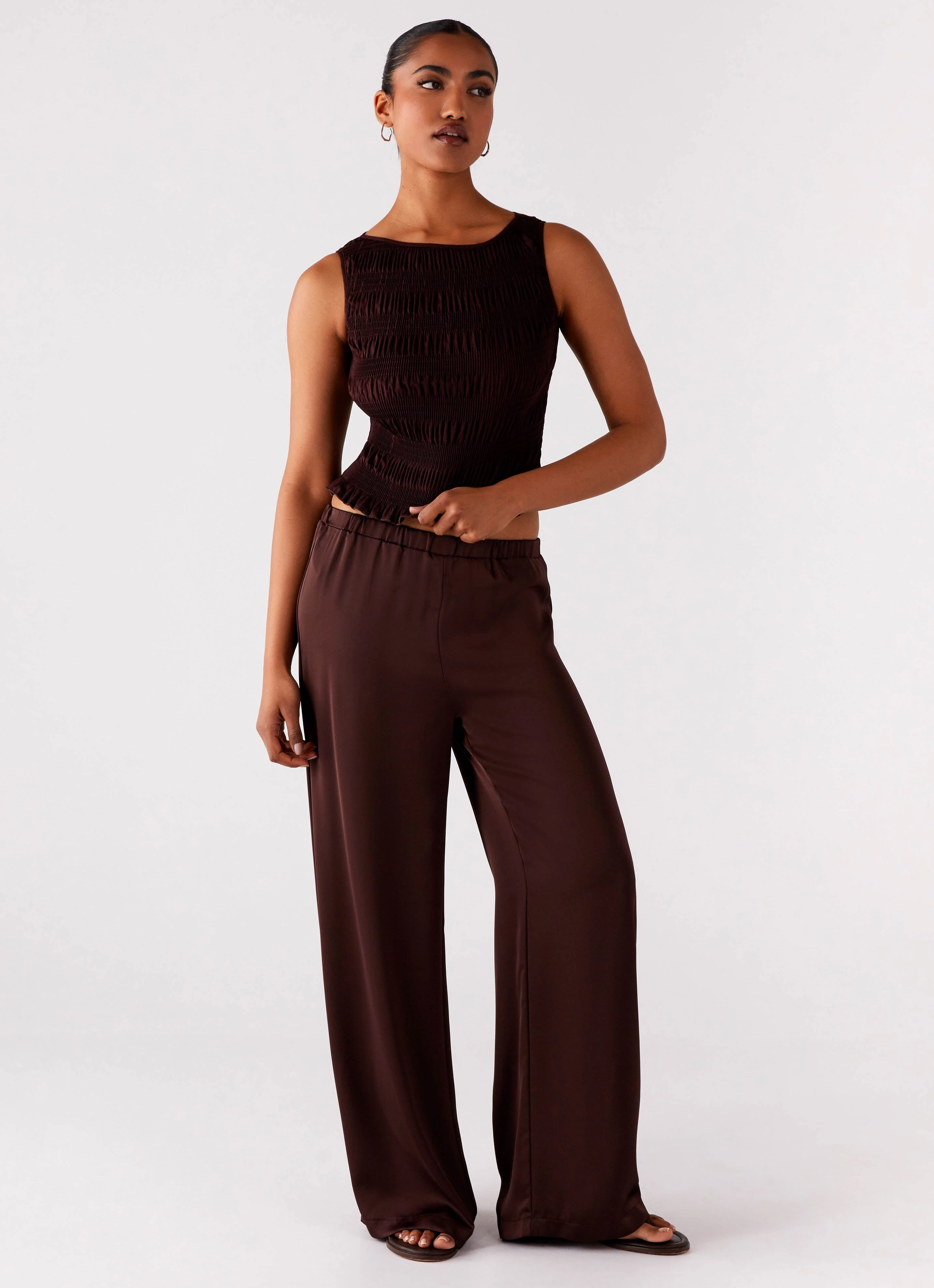 Palm Cove Satin Pants - Chocolate Stretch Comfort Flexible Ankle Cuffs