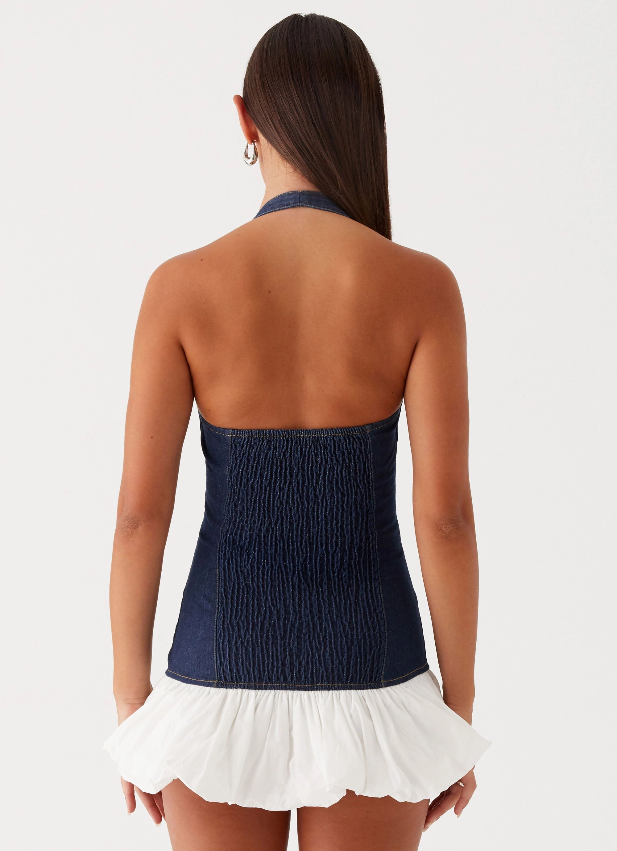 Quilted-Texture Boho Tone Georgina Denim Mini Dress - Blue