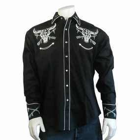 Urban Fashion Hooded Neckline Rockmount Mens Steer Skull and Arrow Black 100% Cotton L/S Shirt XL