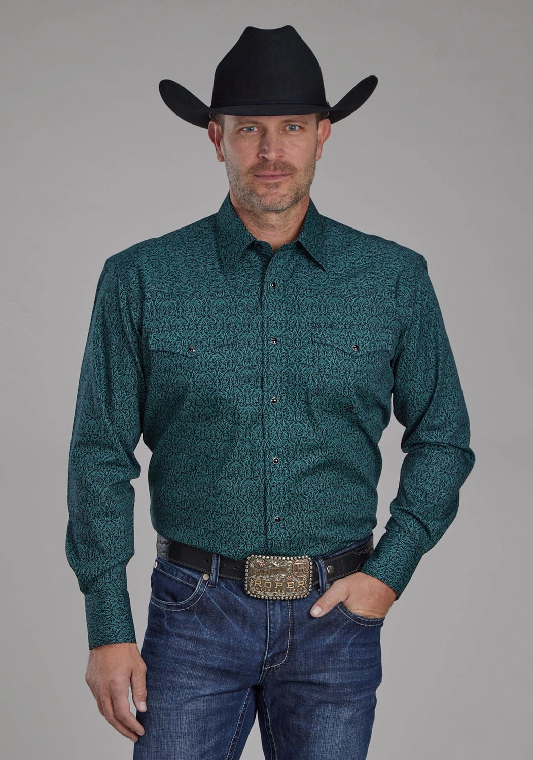 Roper Mens 2152 Vintage Paisley Green 100% Cotton L/S Shirt Tailored Silhouette Stretchable Material