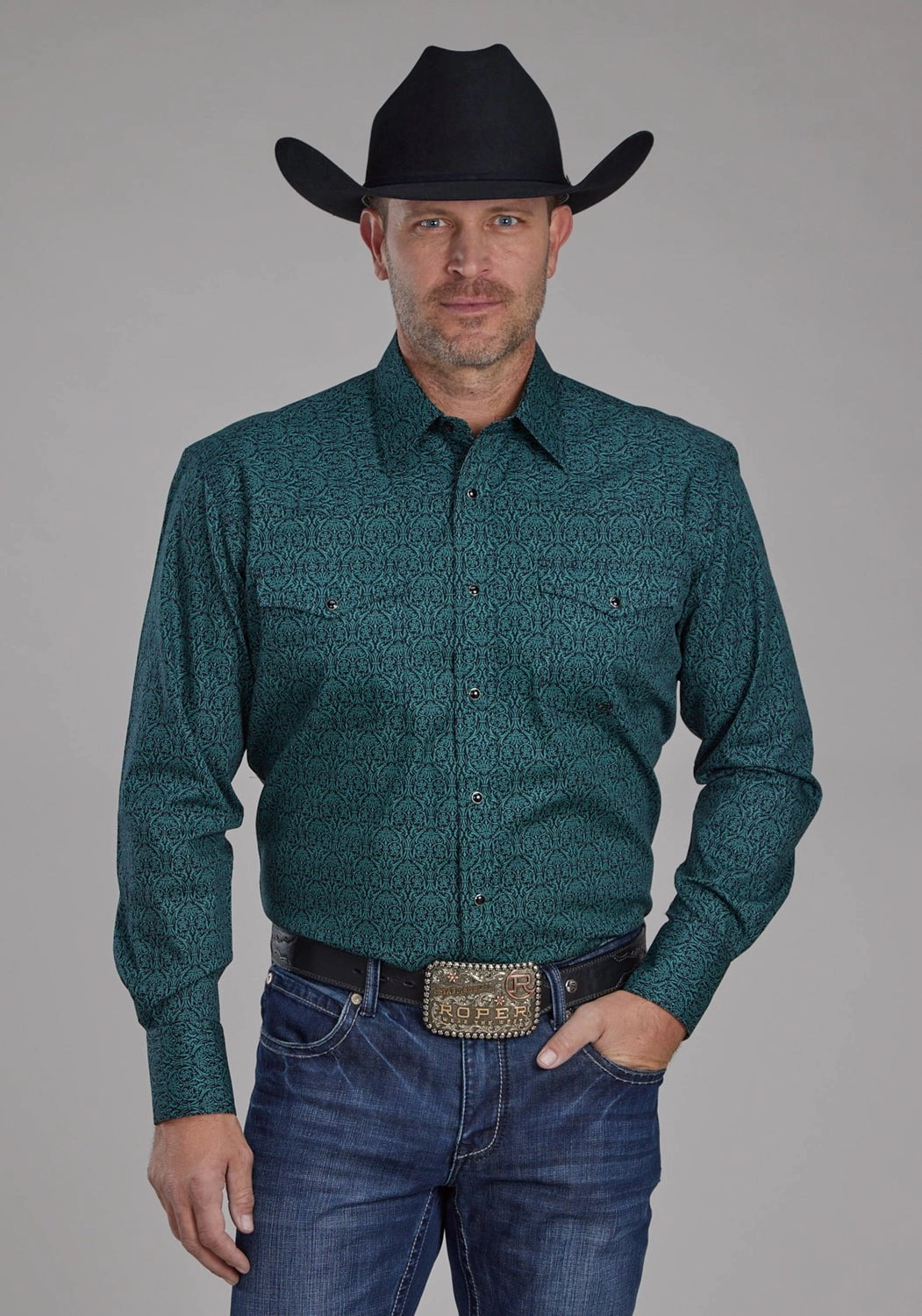 Roper Mens 2152 Vintage Paisley Green 100% Cotton L/S Shirt Tagless Labeling