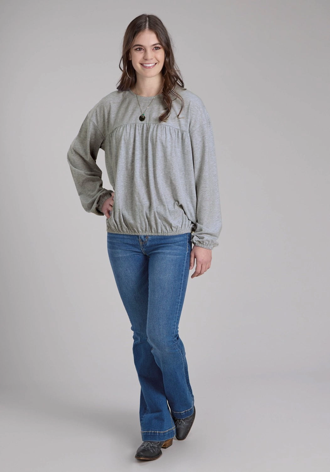 Roper Womens Jersey Knit Grey Cotton Blend L/S Blouse Abrasion Resistant Edges