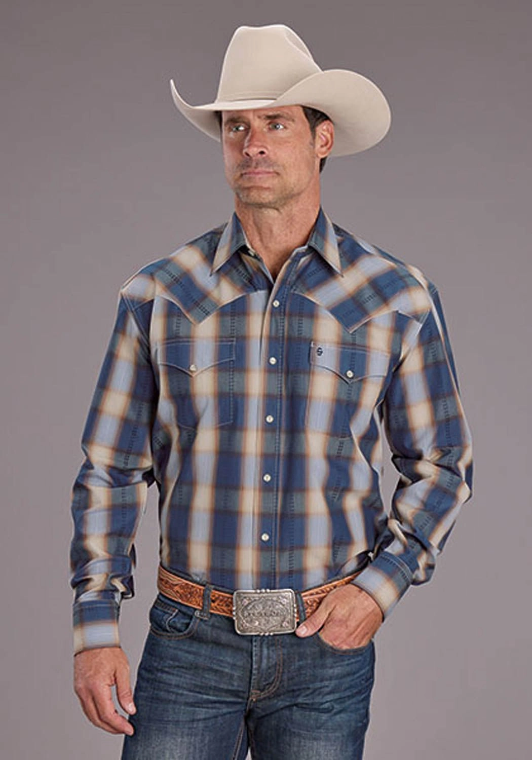 Stetson Mens 2513 Ranch Plaid Blue/White 100% Cotton L/S Shirt Embellished Neckline
