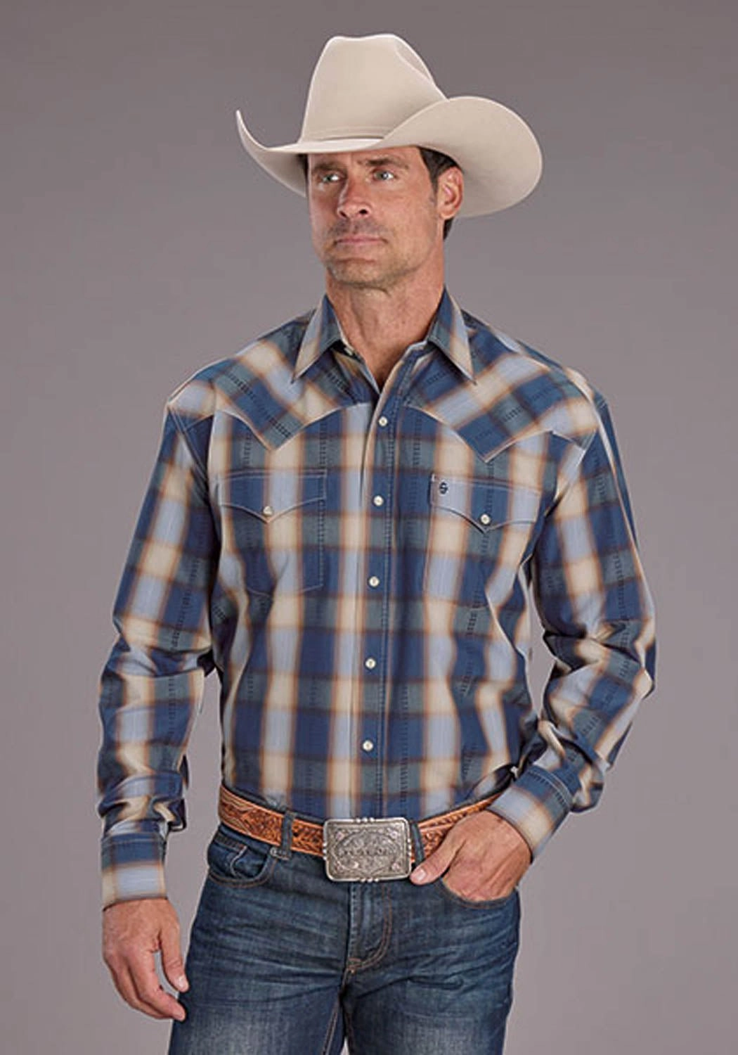 Stetson Mens 2513 Ranch Plaid Blue/White 100% Cotton L/S Shirt Sophisticated Look