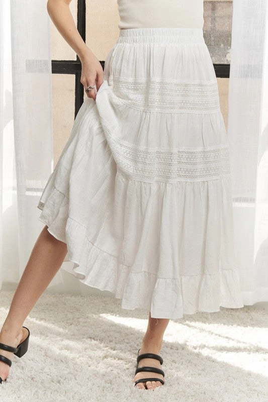 PASTURE ELASTIC WAISTBAND TIERED MIDI SKIRT Contemporary Brand Effortless Wear