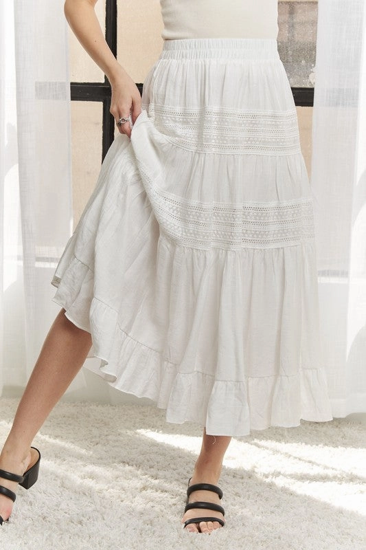 PASTURE ELASTIC WAISTBAND TIERED MIDI SKIRT Luxury Trim Fold Over Design