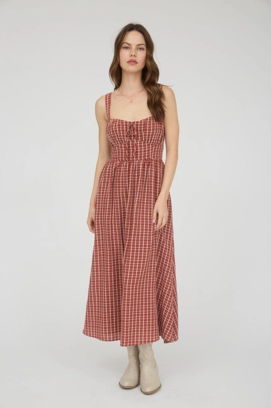 Penelope Plaid Corset Front Tie Sleeveless Midi Dress Slit-Hem Soft-Lining