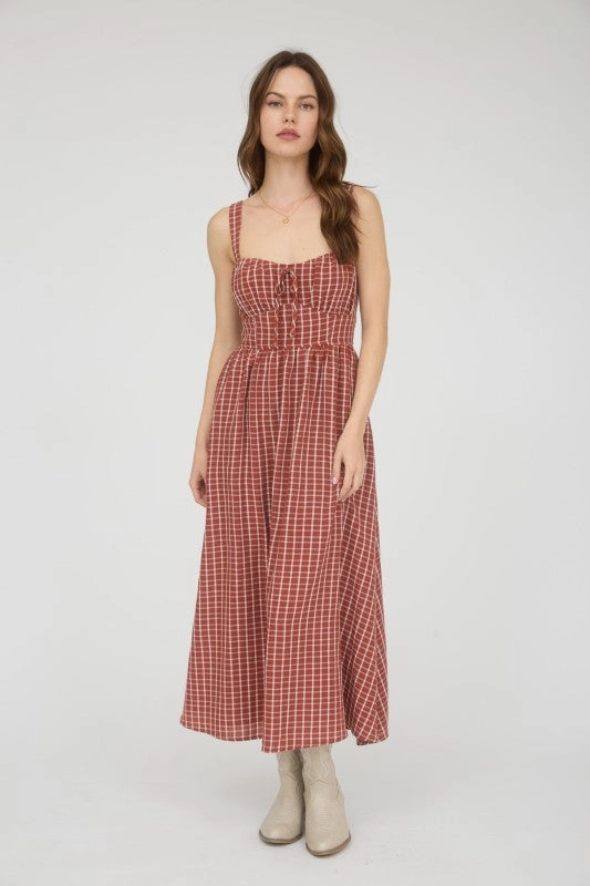 Color Glow Penelope Plaid Corset Front Tie Sleeveless Midi Dress