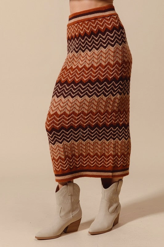 Penny Multi Color Chevron Knit Sweater Maxi Skirt S-XL Rolled Hem