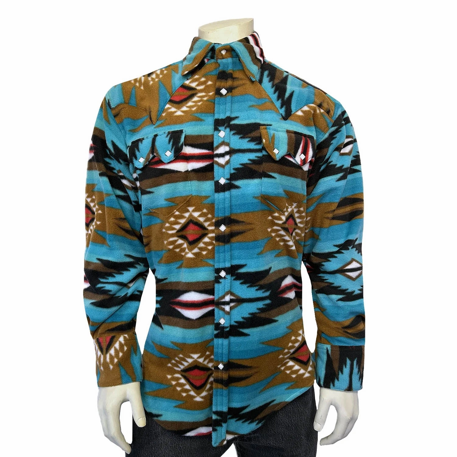 Rockmount Mens Native Pattern Western Turquoise/Brown Fleece L/S Shirt Formal Elegance Fashionable Pick