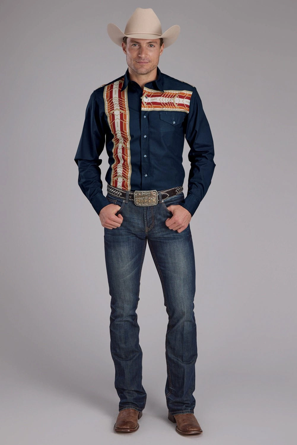 Smart Look Roper Mens 2136 Aztec Border Blue 100% Cotton L/S Shirt