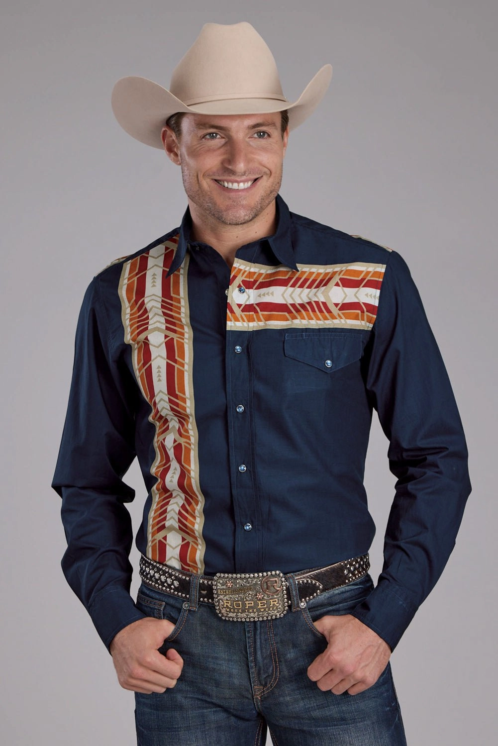 Eco friendly materials Roper Mens 2136 Aztec Border Blue 100% Cotton L/S Shirt