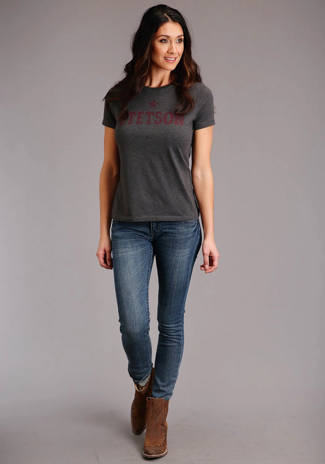 Wardrobe Must-Have Festival Outfit Stetson Womens Dark Grey Cotton Blend Dark Red Star S/S T-Shirt