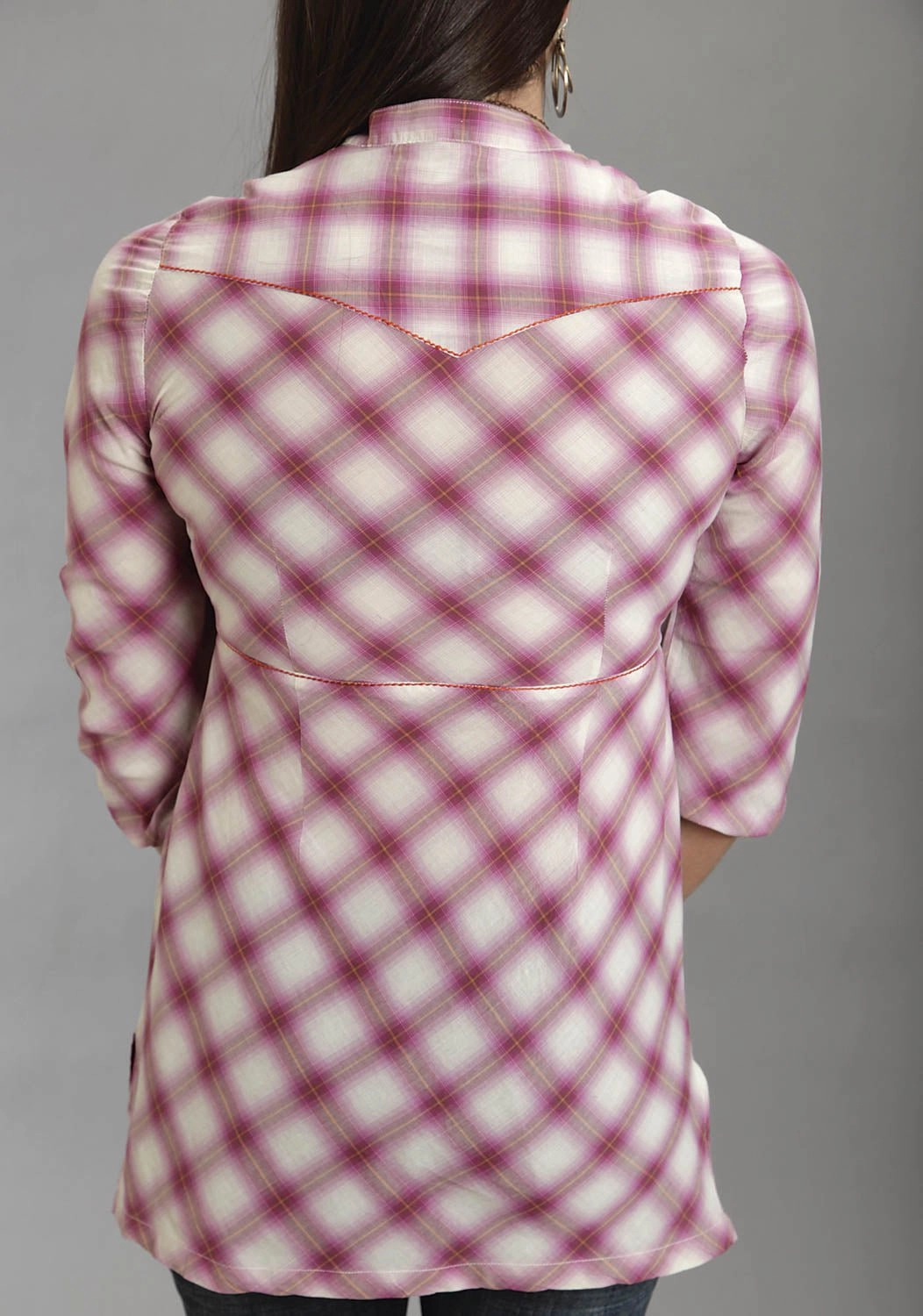 Durable Quality Layered Collar Stetson Womens Lavish Plaid Pink 100% Cotton 3/4 Sleeve S/S Tunic