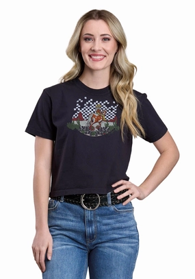 Multi Pocket Design Sustainable Manufacturing Process Tin Haul Womens Geometric Horserider Black 100% Cotton S/S T-Shirt