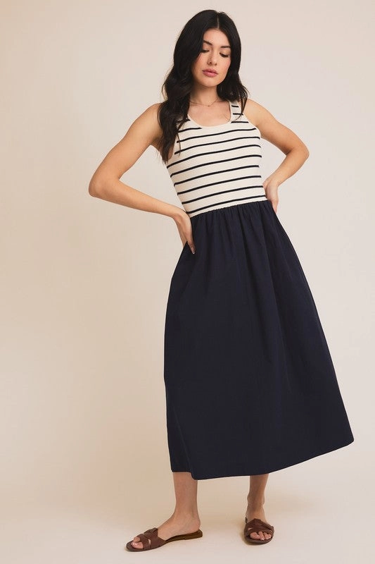 Smooth Detail Forest Scooped Neck Sleeveless Knit & Woven Mix Dress