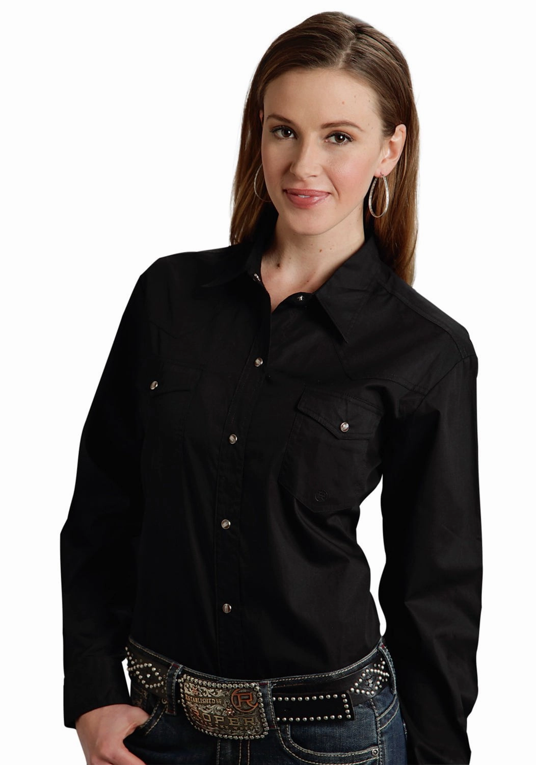 Soft touch finish wrinkle free Roper Basic Solid Ladies Black 100% Cotton L/S 2 Pocket Western Shirt