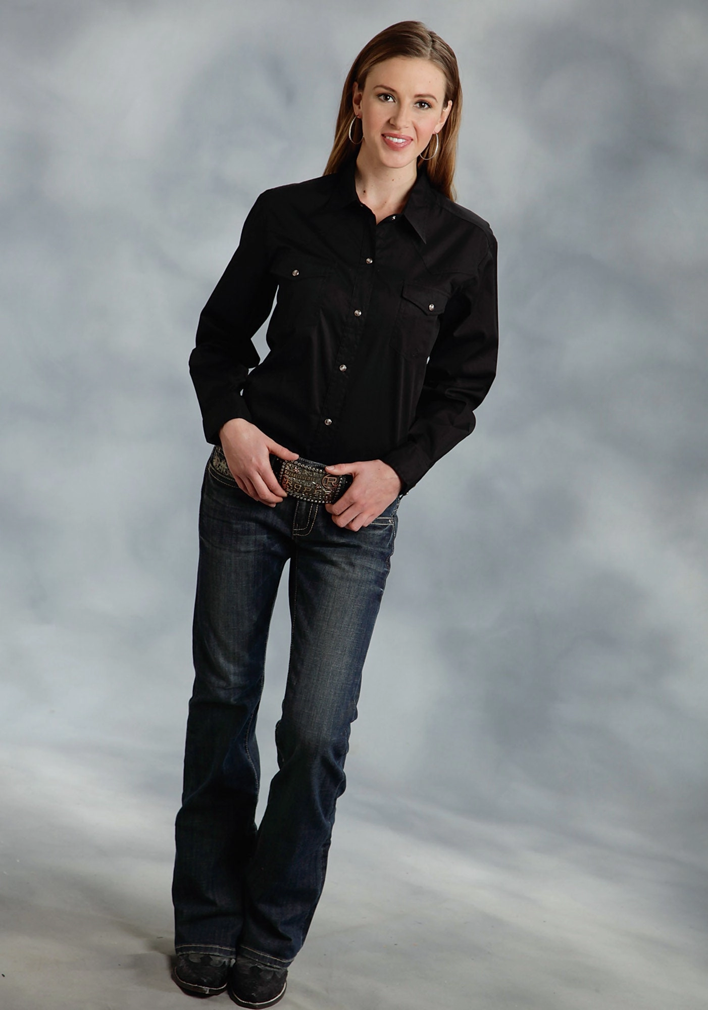 Effortless Style birthday celebration Roper Basic Solid Ladies Black 100% Cotton L/S 2 Pocket Western Shirt