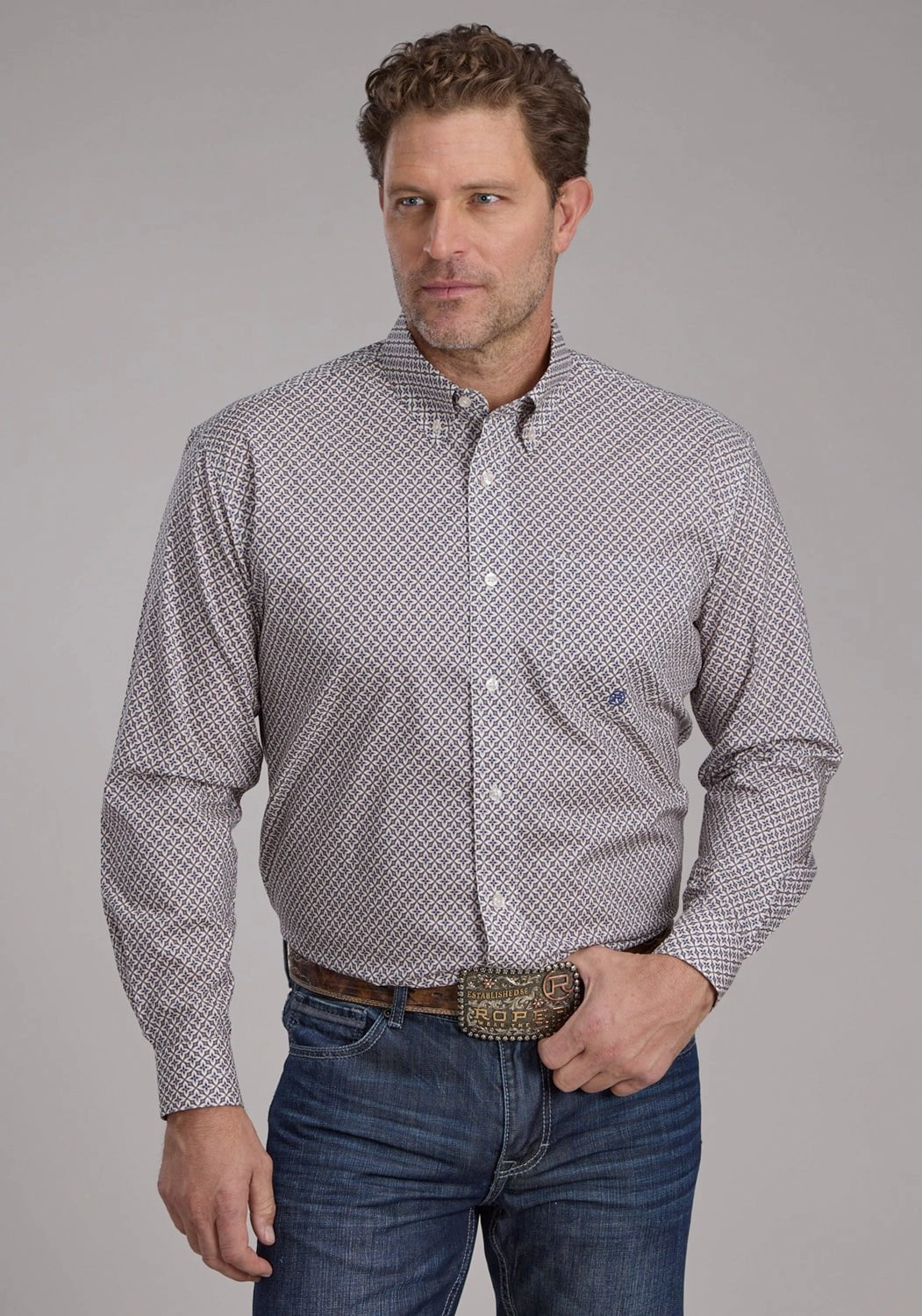 Roper Mens 2384 Pinwheel Foulard Khaki 100% Cotton 1 Pkt L/S Shirt Social Meetup Cultural Inspired