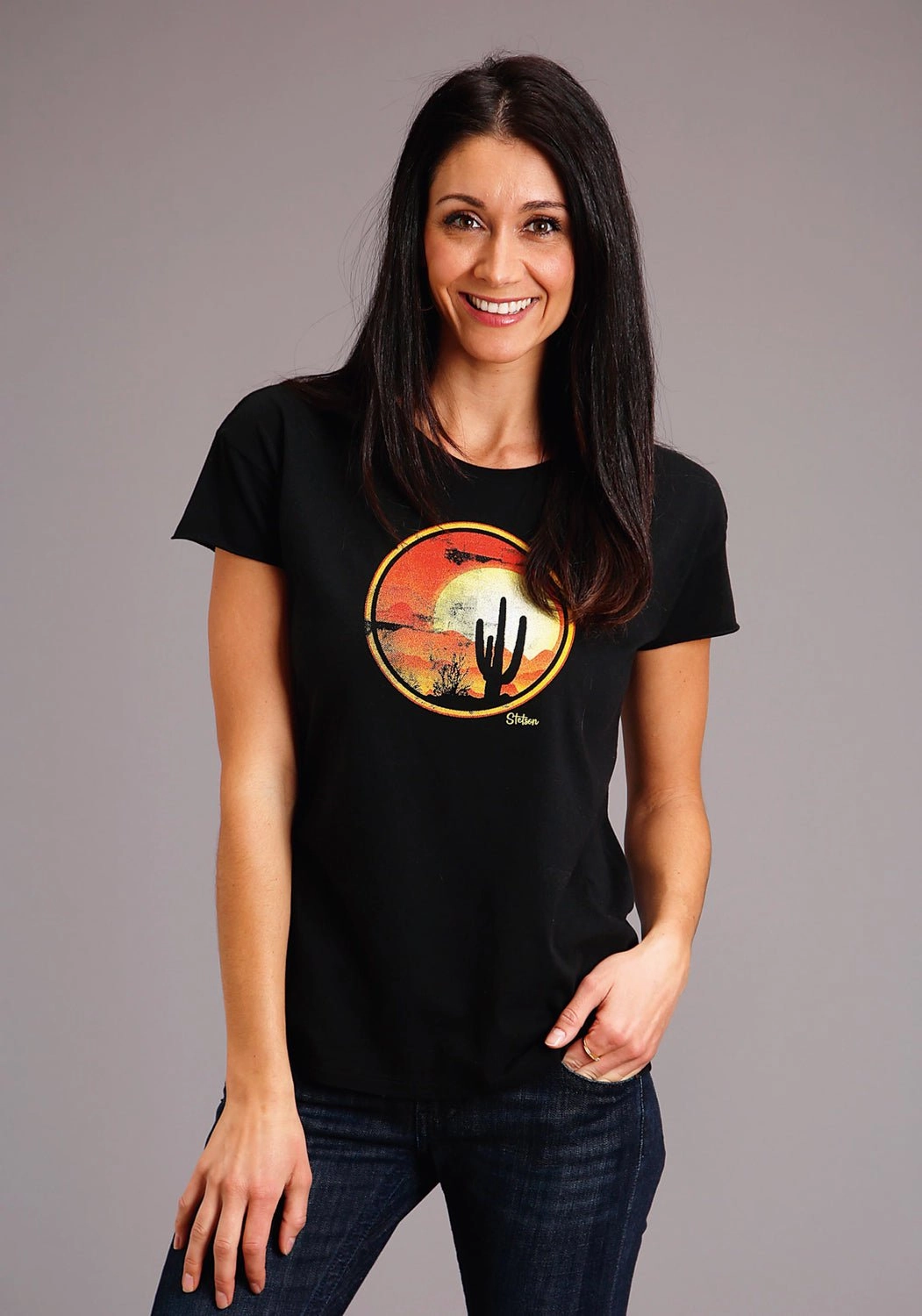 Creative Professional Functional Wear Stetson Womens Black 100% Cotton Cactus/Red Sunset S/S T-Shirt
