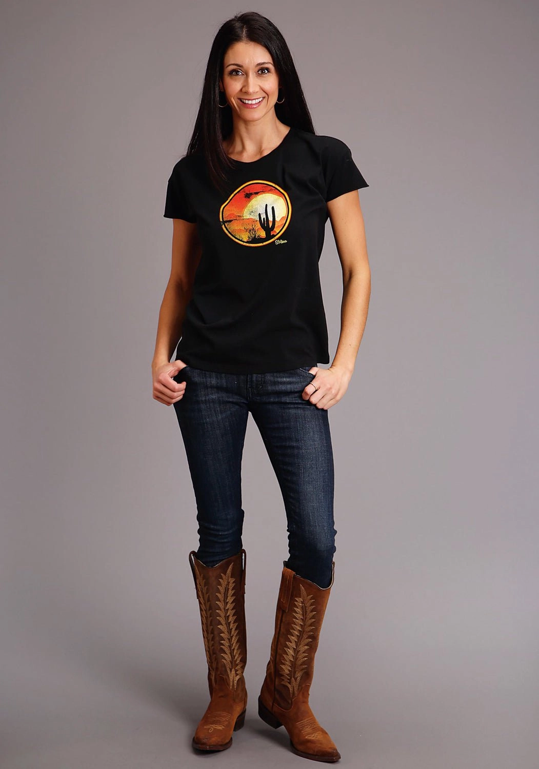 Stetson Womens Black 100% Cotton Cactus/Red Sunset S/S T-Shirt Checkered Print Eco-Friendly Choice