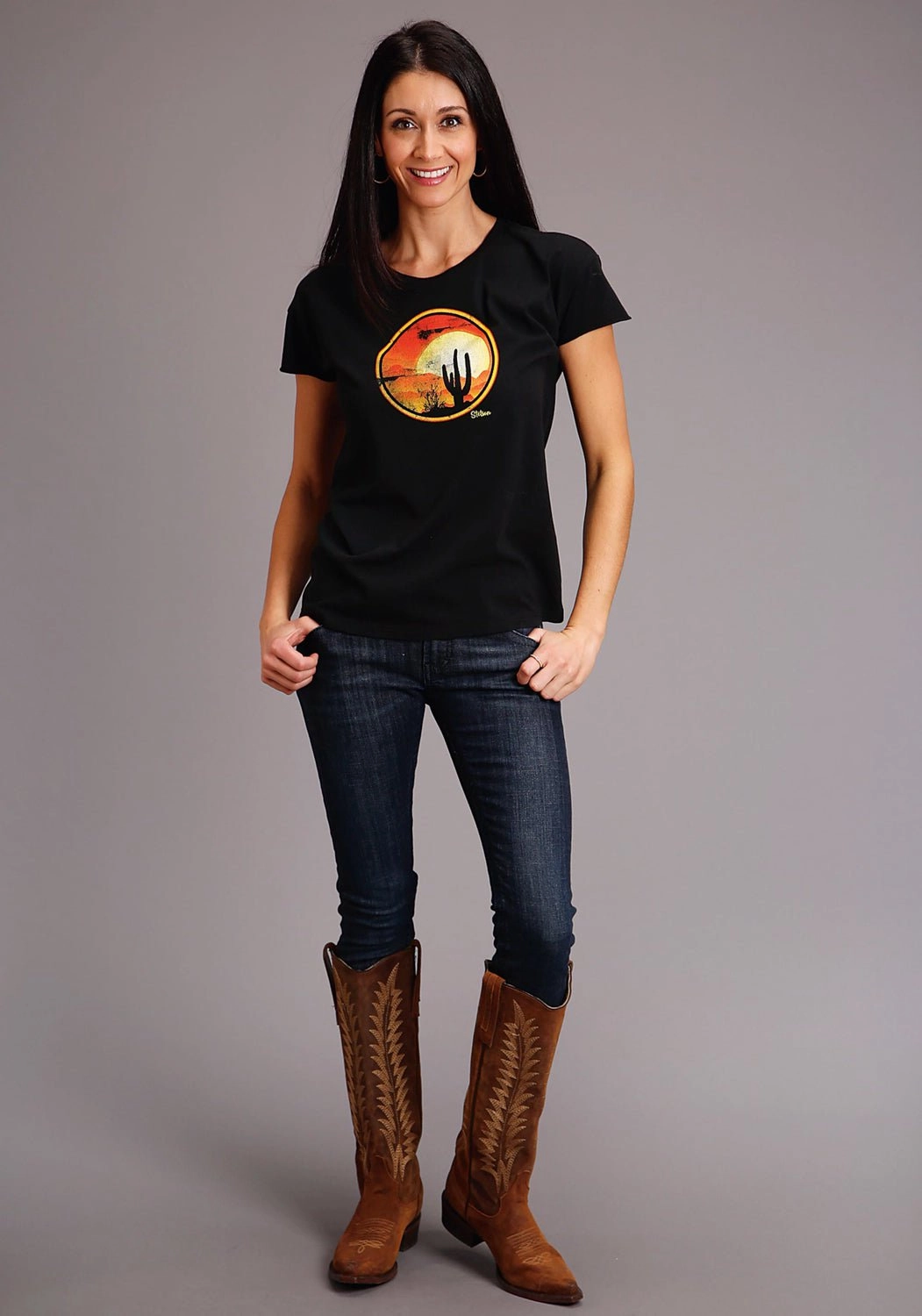 Patterned Design Stetson Womens Black 100% Cotton Cactus/Red Sunset S/S T-Shirt