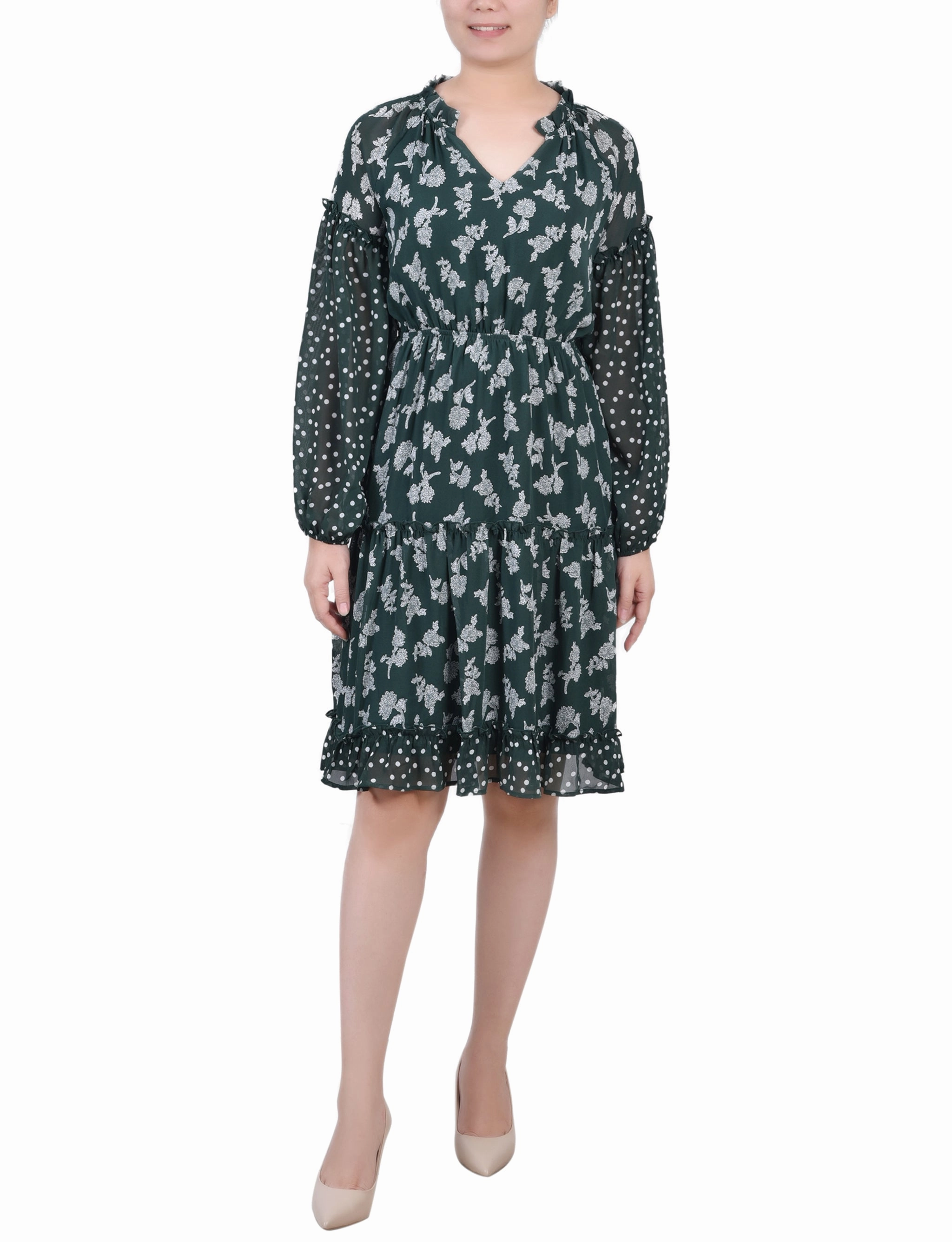 Petite Long Sleeve Combo Chiffon Dress Festive Wear