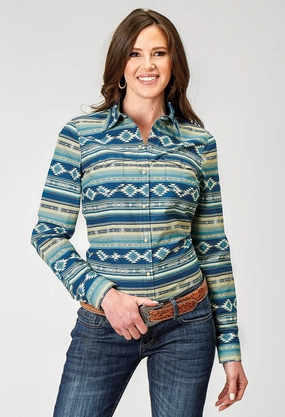 Roper Womens 1899 Aztec Blanket Blue 100% Cotton L/S Shirt Comfort Stretch Pullover Design
