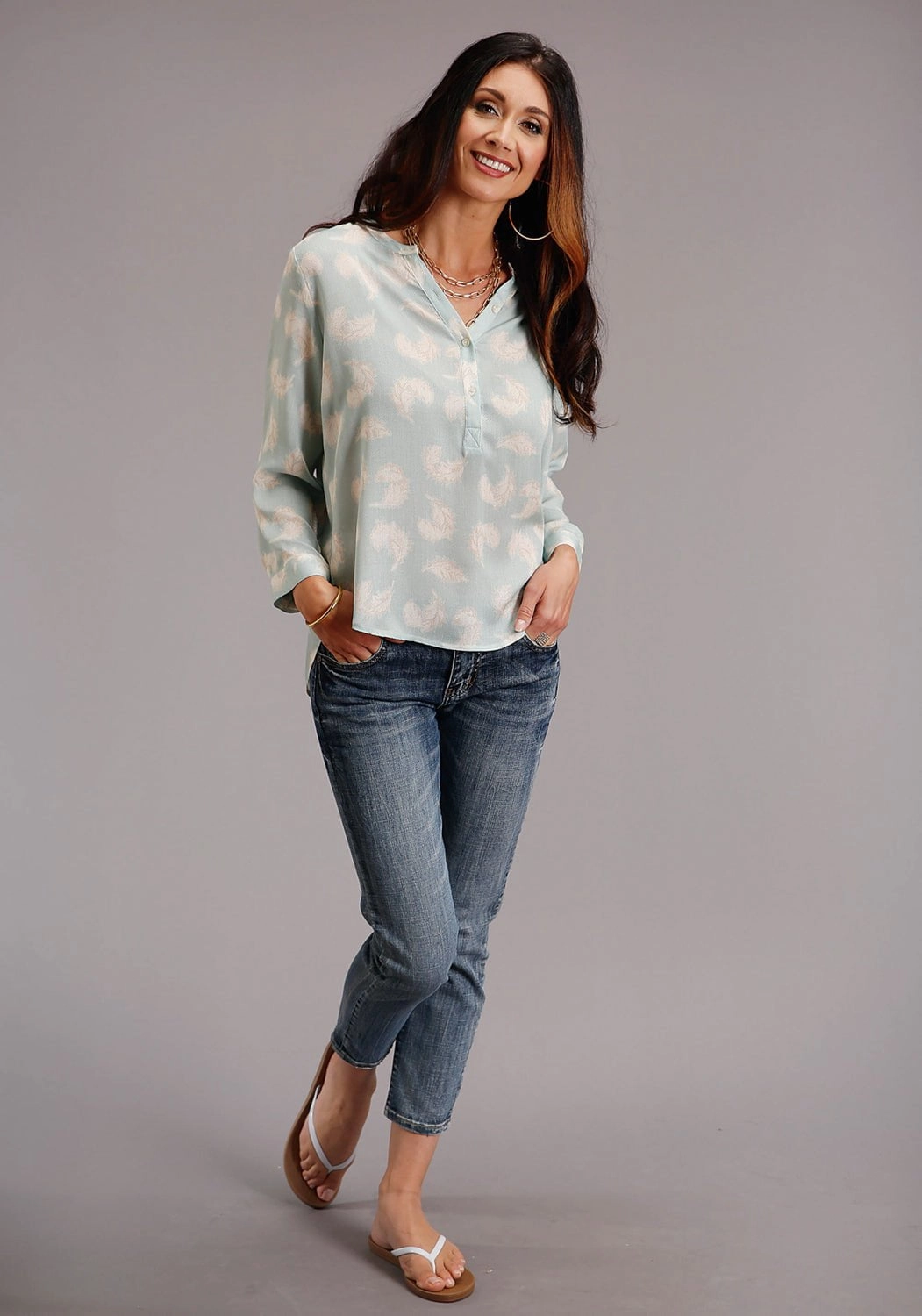 Stetson Womens Aqua Rayon/Nylon Feathers S/S Blouse Denim Blend Classic Look