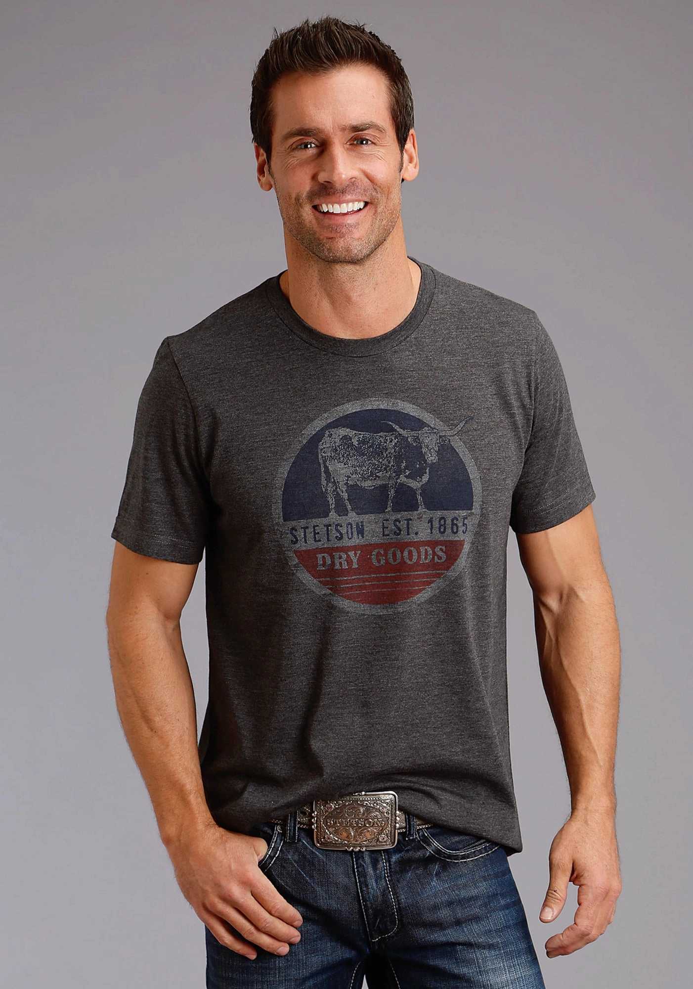 Trend-Driven Workwear Approved Stetson Unisex Grey Cotton Blend Dry Goods Circle S/S T-Shirt