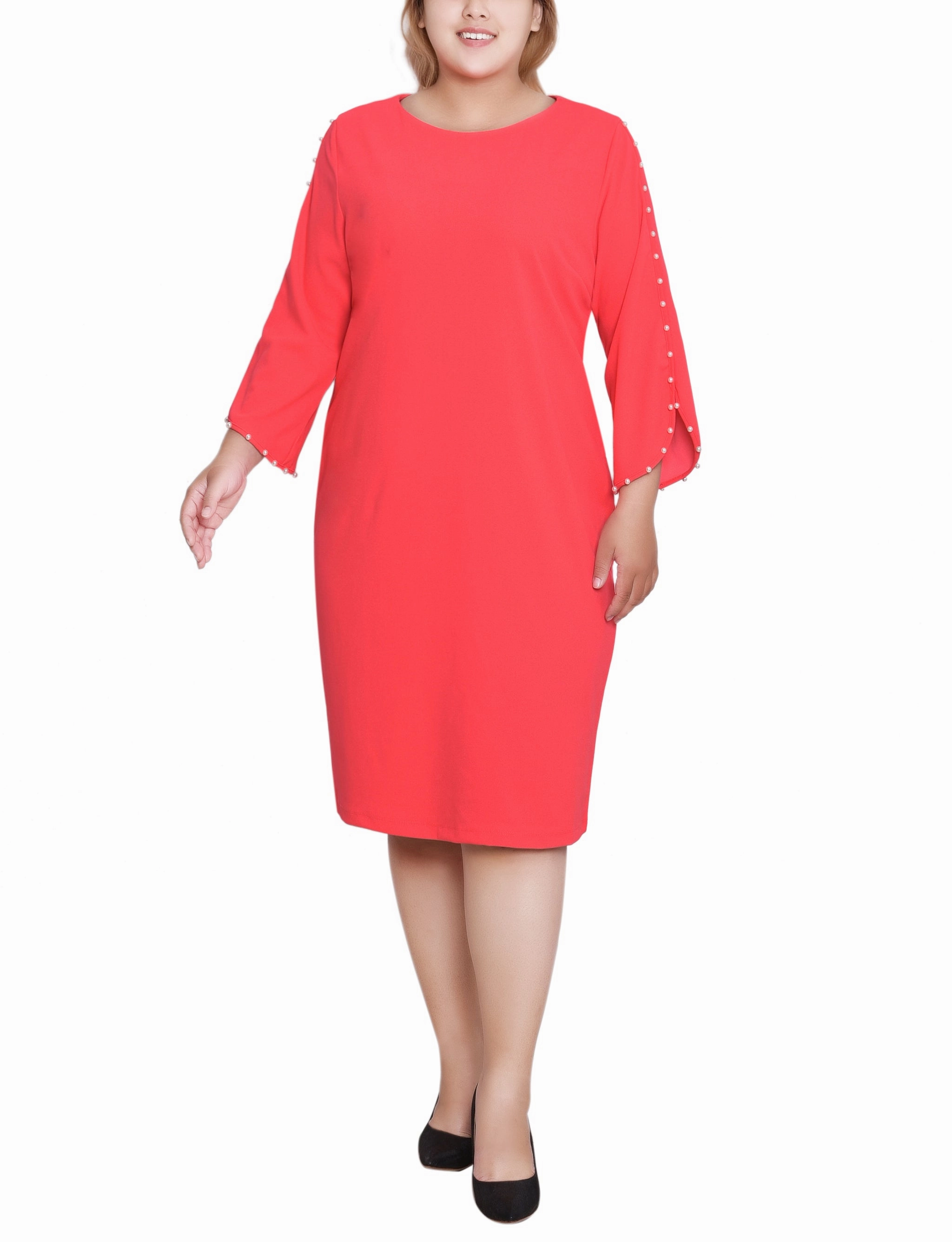 Flattering Fit Wear Street Mood Plus Size 3/4 Pearl-Detail Petal Sleeve Dress