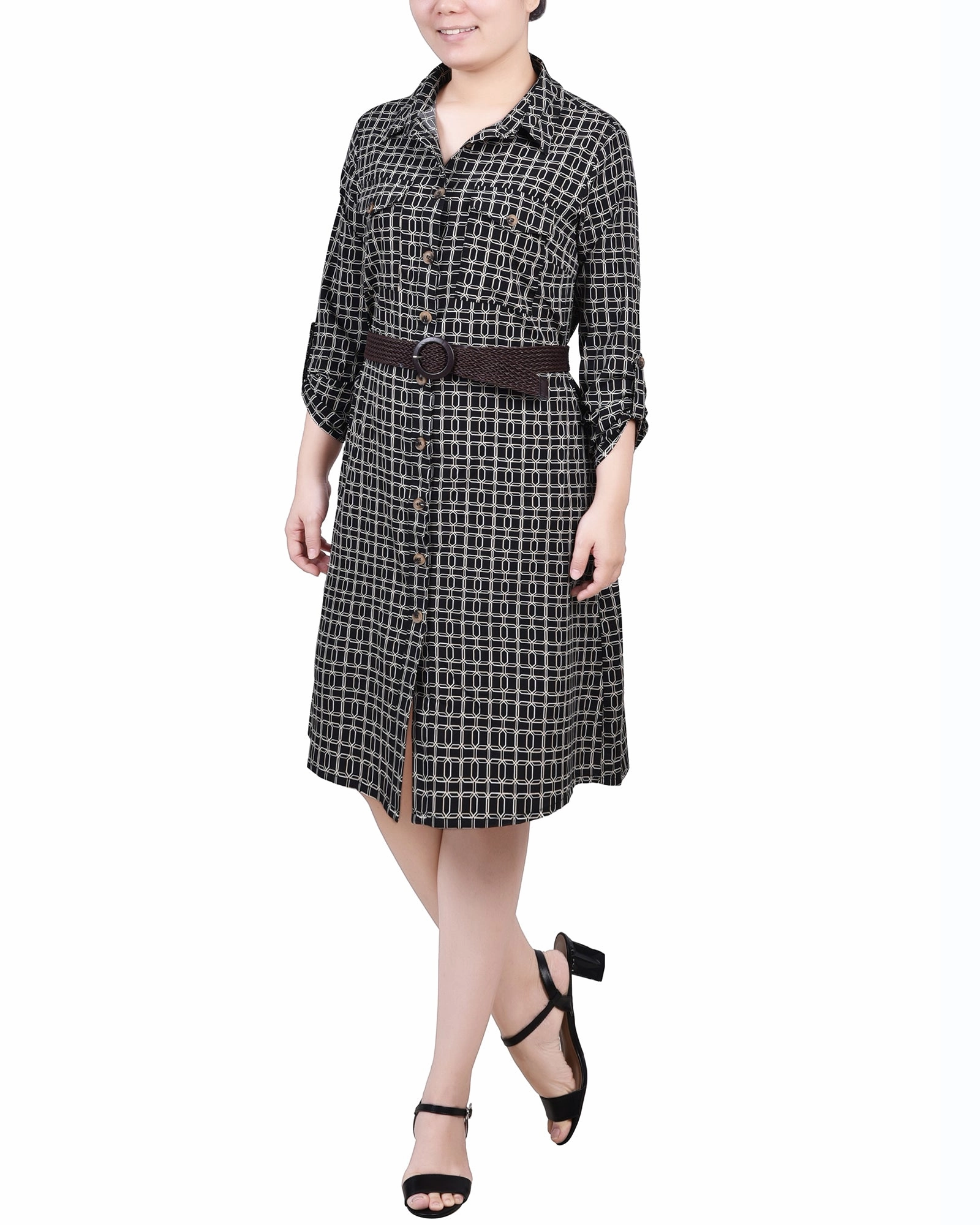 3/4 Roll Tab Sleeve Shirtdress Flowy casual dress